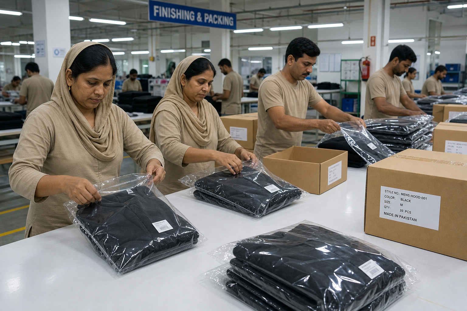 Finishing line with poly bags and barcoded export cartons