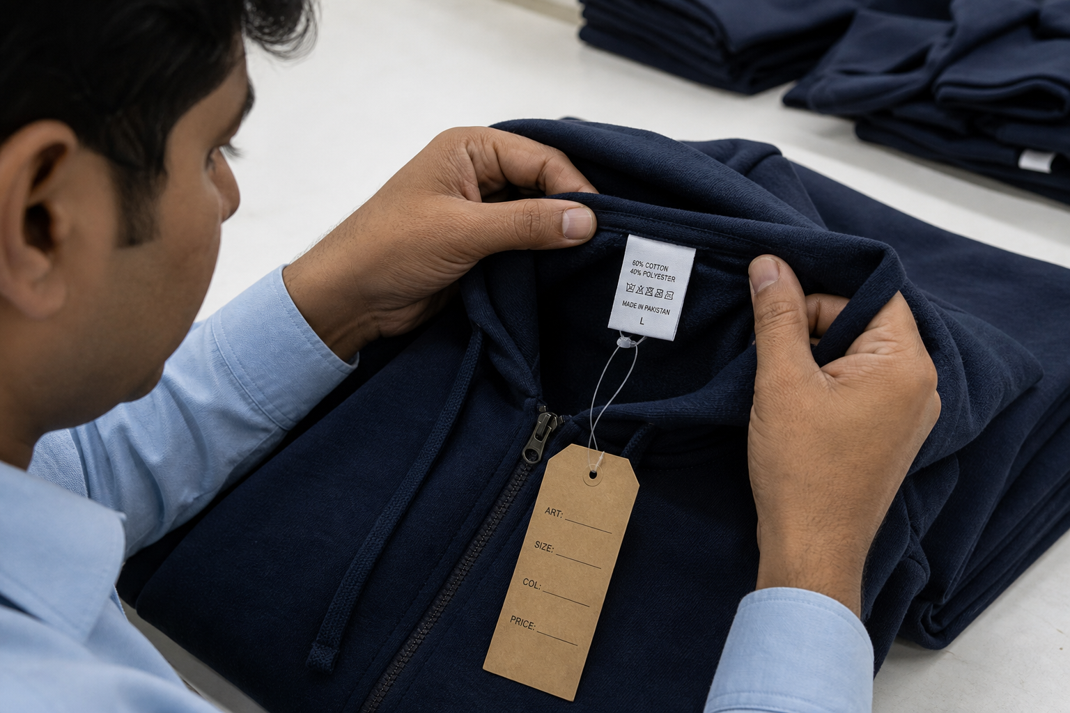QC inspector checking neck label and hang tags on finished garment