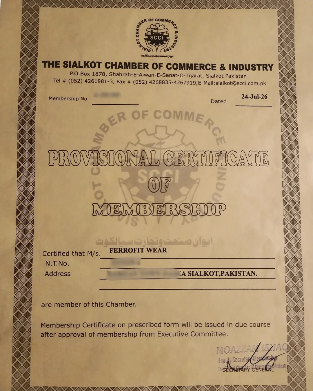 Ferrofit Wear SCCI Chamber of Commerce membership certificate
